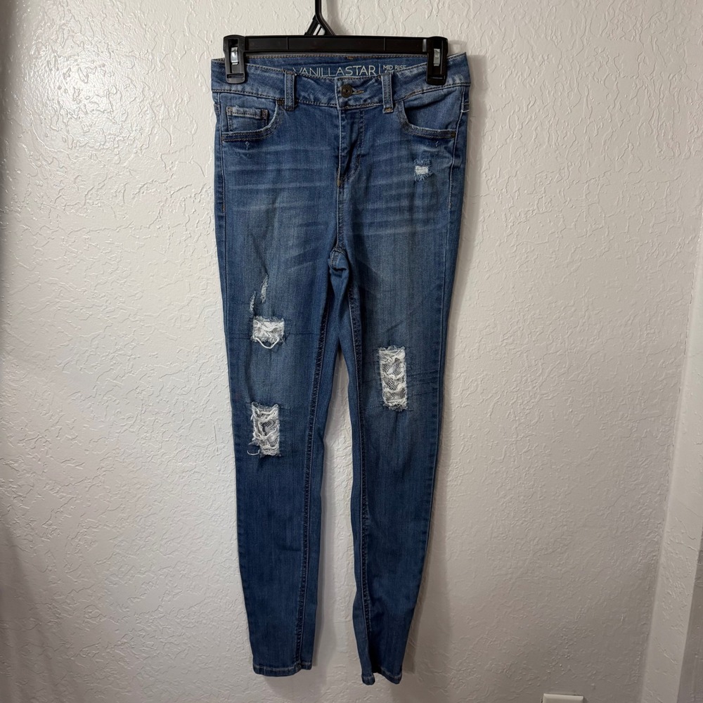 Vanilla Star Womens Mid Rise Skinny Distressed Lace Inset Jeans Blue Size 3